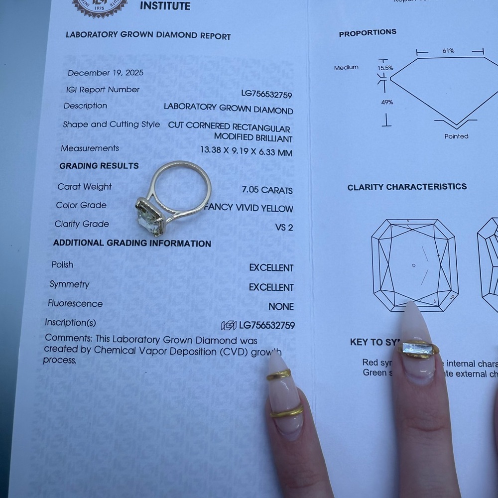 7.05 carat fancy vivid yellow VS2 radiant lab grown diamond engagement ring - Picture 9 of 12